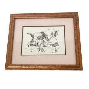 Karen Cooper Pig Sketch Wall Art Drawing Mated Framed Wood 11.5x9.5 Farm Hog